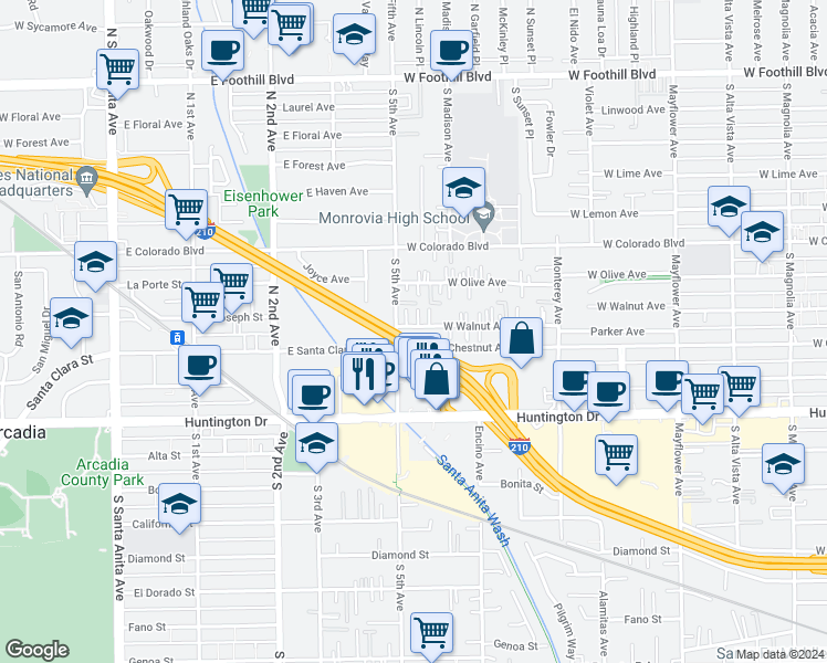 map of restaurants, bars, coffee shops, grocery stores, and more near 924 West Walnut Avenue in Monrovia