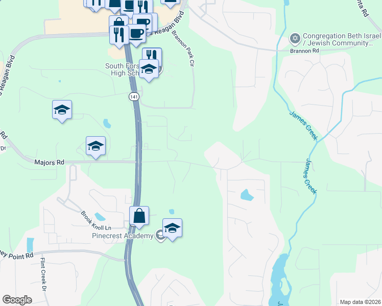 map of restaurants, bars, coffee shops, grocery stores, and more near 8417 Majors Road in Cumming