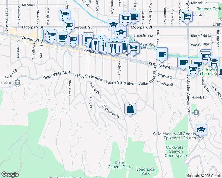 map of restaurants, bars, coffee shops, grocery stores, and more near 4027 Dixie Canyon Avenue in Los Angeles