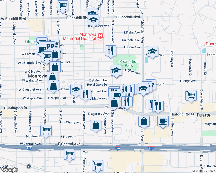 map of restaurants, bars, coffee shops, grocery stores, and more near 614 Royal Oaks Drive in Monrovia