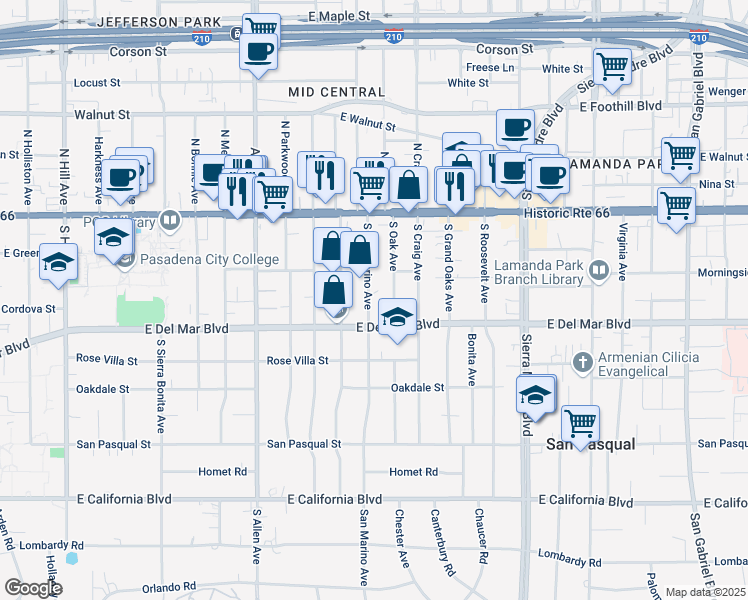 map of restaurants, bars, coffee shops, grocery stores, and more near 176 South San Marino Avenue in Pasadena