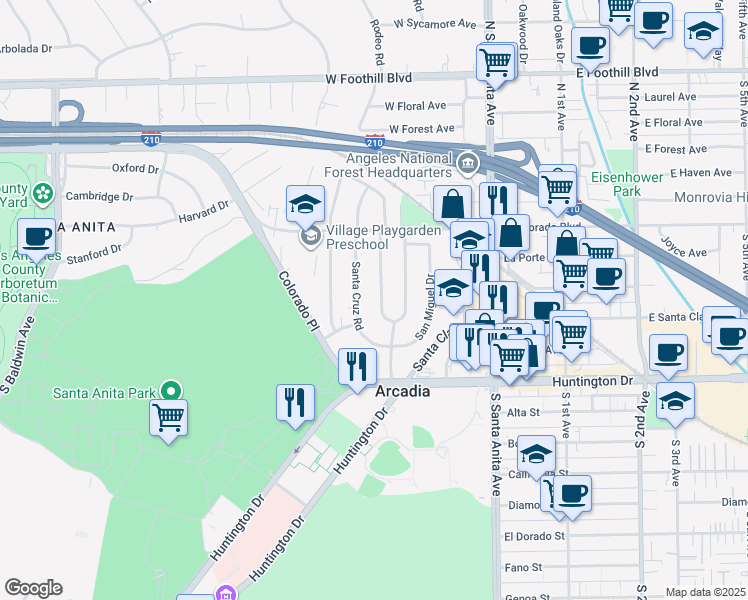 map of restaurants, bars, coffee shops, grocery stores, and more near 231 San Luis Rey Road in Arcadia