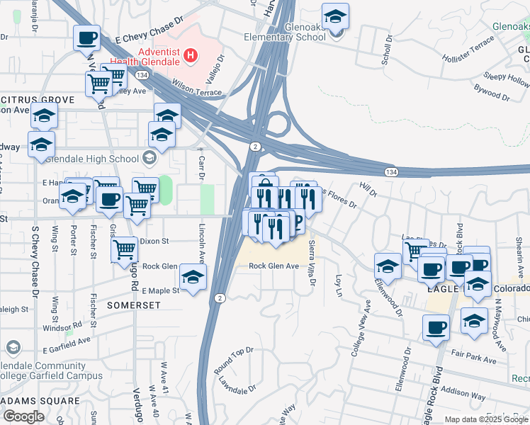 map of restaurants, bars, coffee shops, grocery stores, and more near 2750 West Broadway in Los Angeles