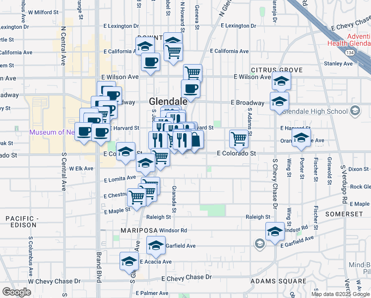 map of restaurants, bars, coffee shops, grocery stores, and more near 625 East Colorado Street in Glendale