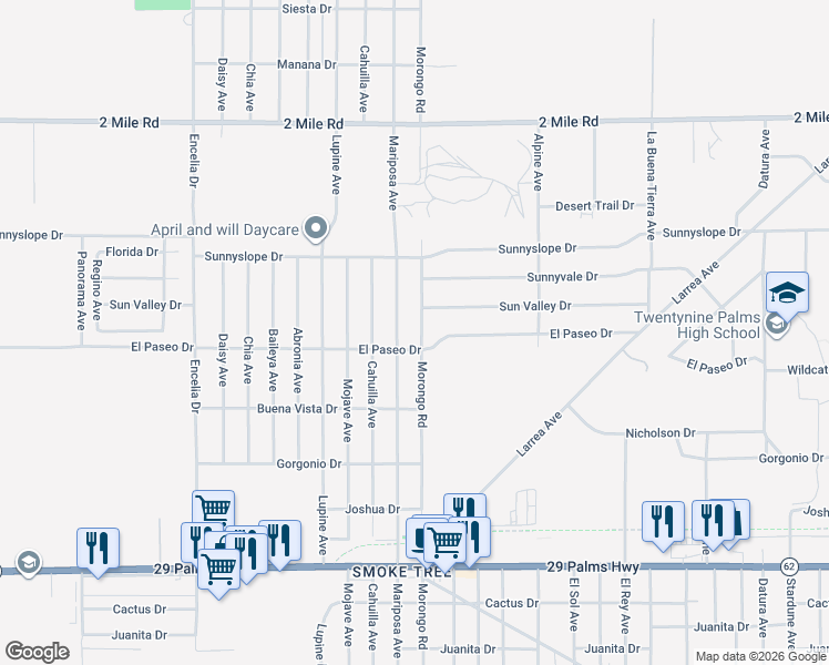 map of restaurants, bars, coffee shops, grocery stores, and more near 6074 Morongo Road in Twentynine Palms