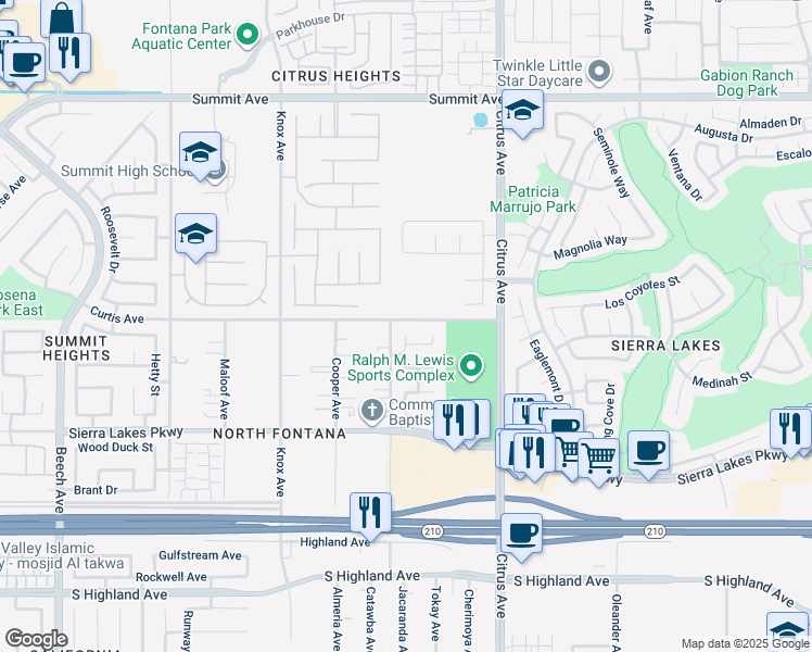 map of restaurants, bars, coffee shops, grocery stores, and more near 6122 Glen Abbey Place in Fontana