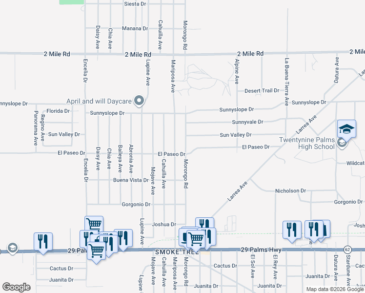 map of restaurants, bars, coffee shops, grocery stores, and more near 6051 Morongo Road in Twentynine Palms