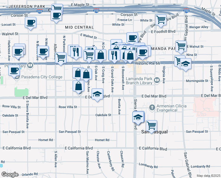 map of restaurants, bars, coffee shops, grocery stores, and more near 173 South Grand Oaks Avenue in Pasadena
