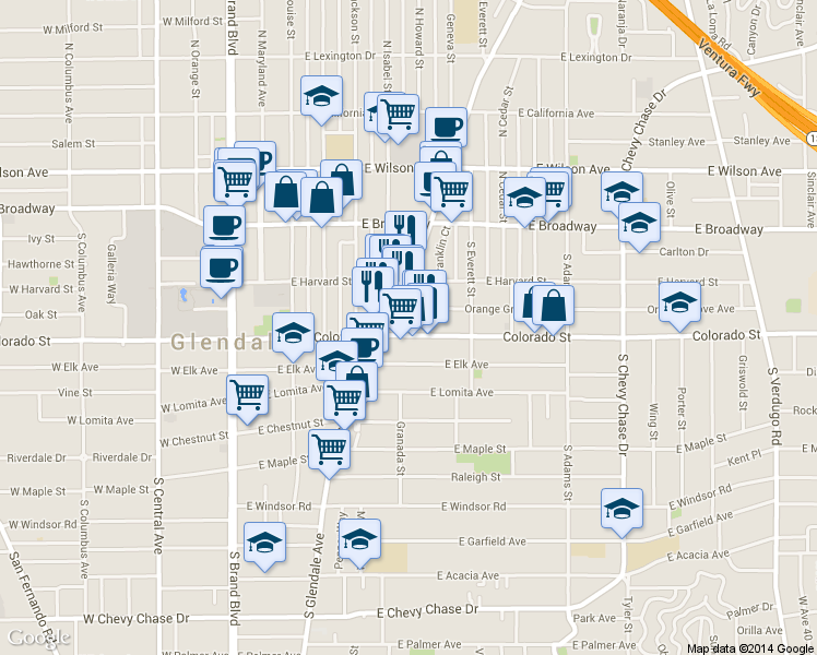 map of restaurants, bars, coffee shops, grocery stores, and more near 605 E Colorado St in Glendale