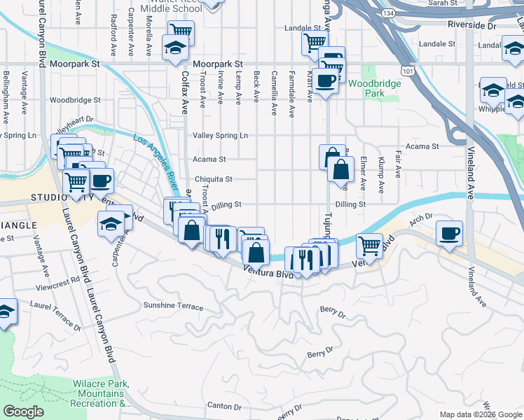 map of restaurants, bars, coffee shops, grocery stores, and more near 4114 Beck Avenue in Los Angeles