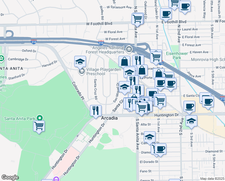 map of restaurants, bars, coffee shops, grocery stores, and more near 230 San Antonio Road in Arcadia