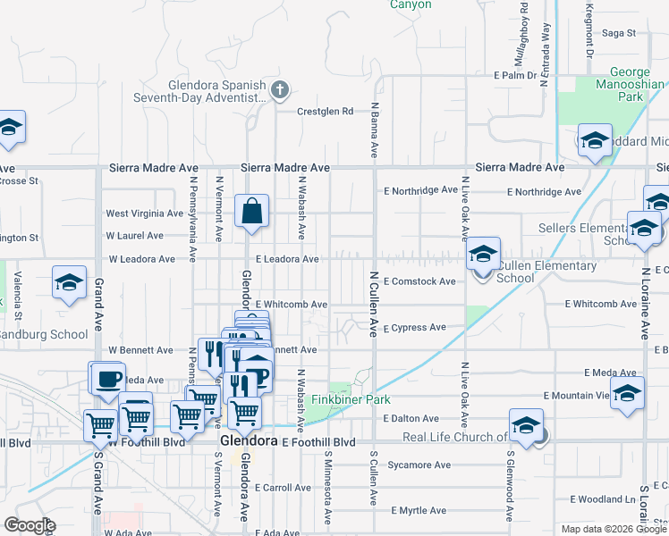 map of restaurants, bars, coffee shops, grocery stores, and more near 450 North Minnesota Avenue in Glendora