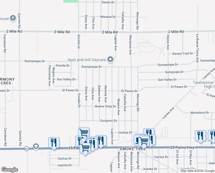 map of restaurants, bars, coffee shops, grocery stores, and more near 6067 Abronia Avenue in Twentynine Palms