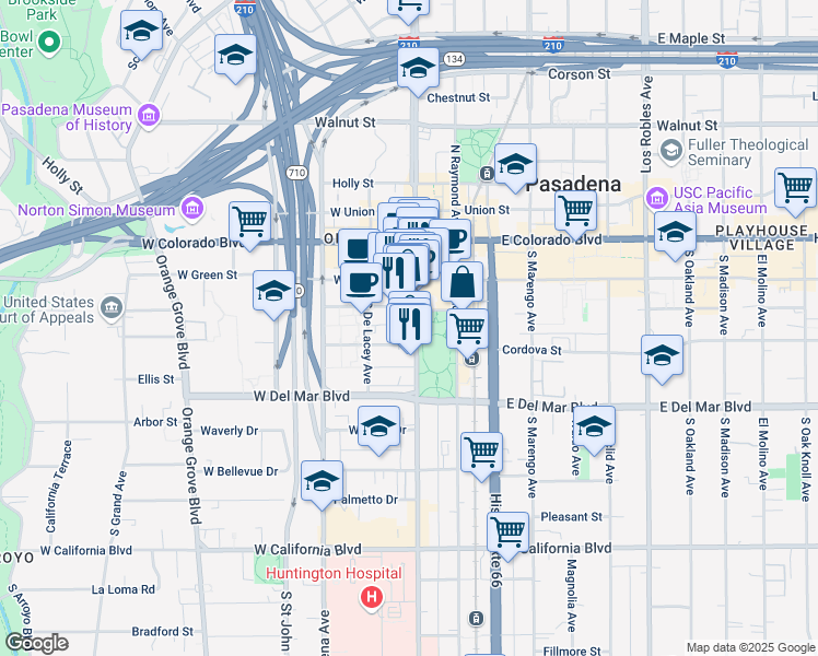map of restaurants, bars, coffee shops, grocery stores, and more near 150 South Fair Oaks Avenue in Pasadena