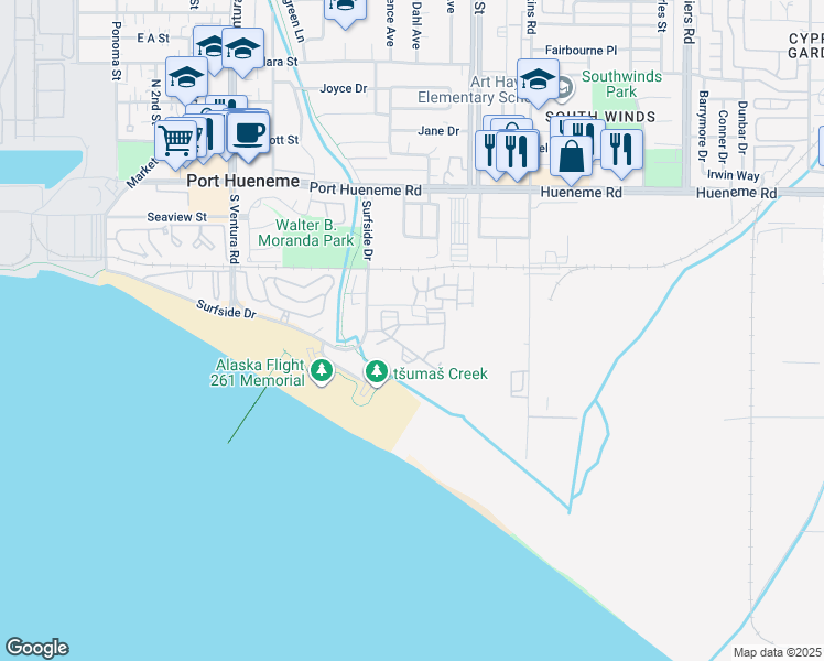 map of restaurants, bars, coffee shops, grocery stores, and more near 754 Seawind Way in Port Hueneme