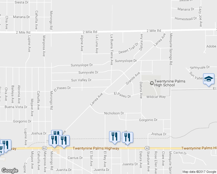map of restaurants, bars, coffee shops, grocery stores, and more near Larrea Avenue in Twentynine Palms