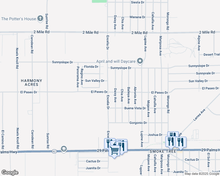 map of restaurants, bars, coffee shops, grocery stores, and more near 6075 Encelia Drive in Twentynine Palms