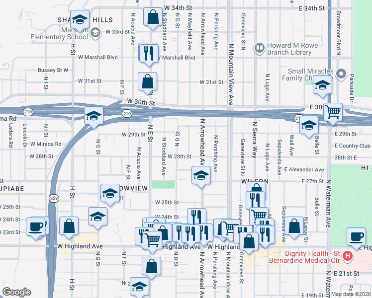map of restaurants, bars, coffee shops, grocery stores, and more near 2824 North Mayfield Avenue in San Bernardino