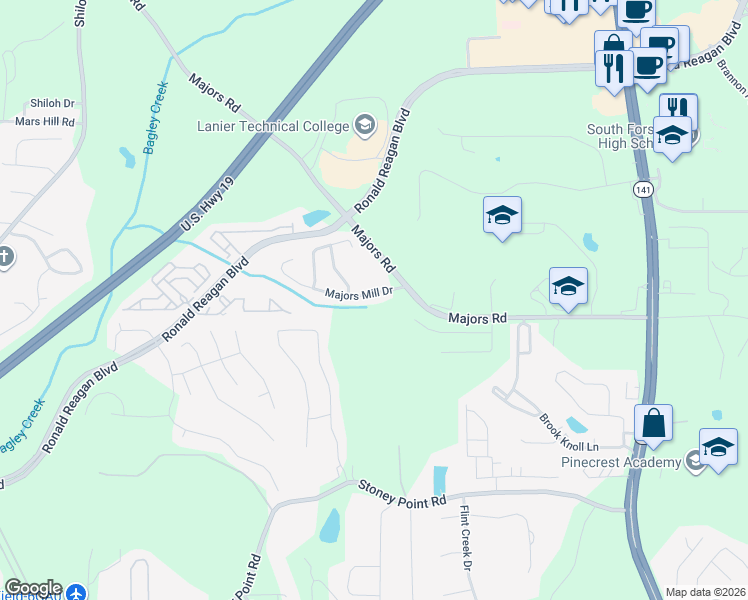 map of restaurants, bars, coffee shops, grocery stores, and more near 7965 Majors Mill Drive in Cumming