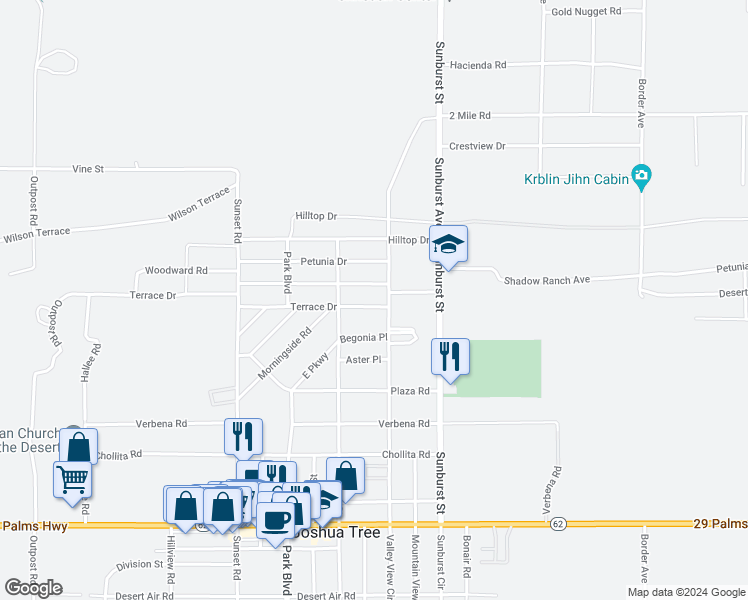map of restaurants, bars, coffee shops, grocery stores, and more near 61974 Terrace Drive in Joshua Tree
