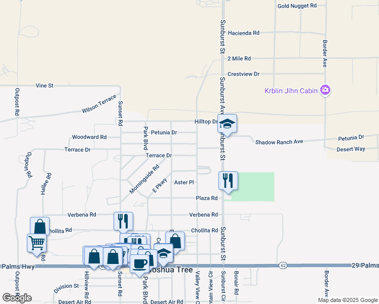 map of restaurants, bars, coffee shops, grocery stores, and more near 61974 Terrace Drive in Joshua Tree