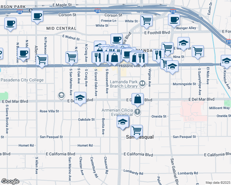 map of restaurants, bars, coffee shops, grocery stores, and more near 175 South Sierra Madre Boulevard in Pasadena