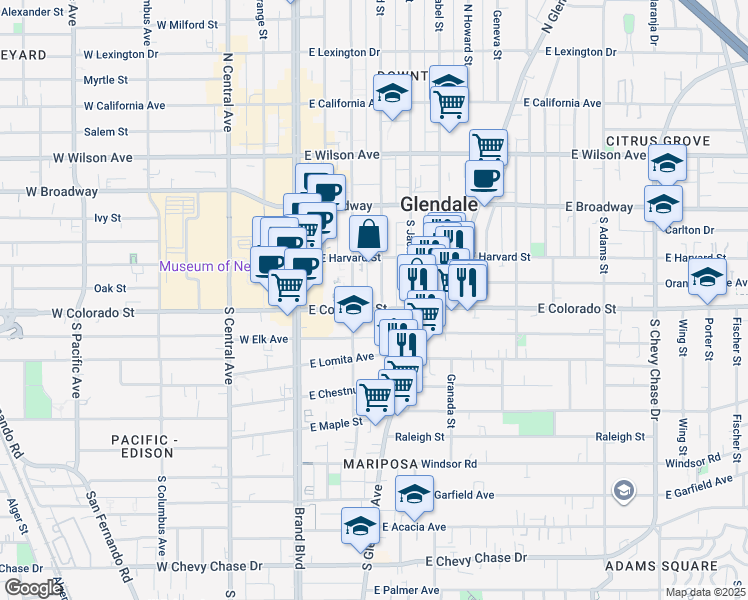 map of restaurants, bars, coffee shops, grocery stores, and more near 407 East Colorado Street in Glendale