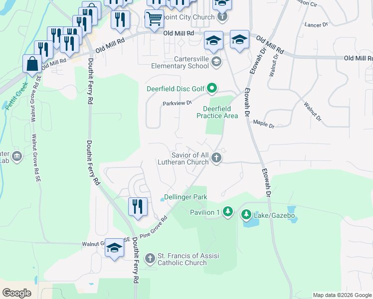 map of restaurants, bars, coffee shops, grocery stores, and more near 14 Victoria Drive in Cartersville