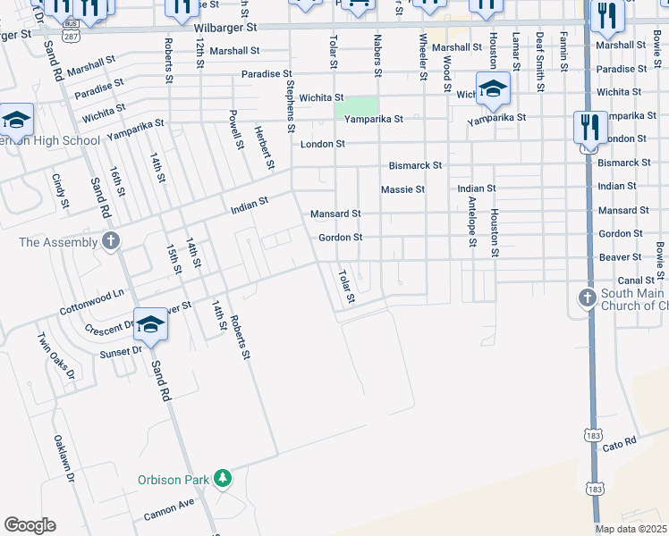 map of restaurants, bars, coffee shops, grocery stores, and more near 2801 Stephens Street in Vernon