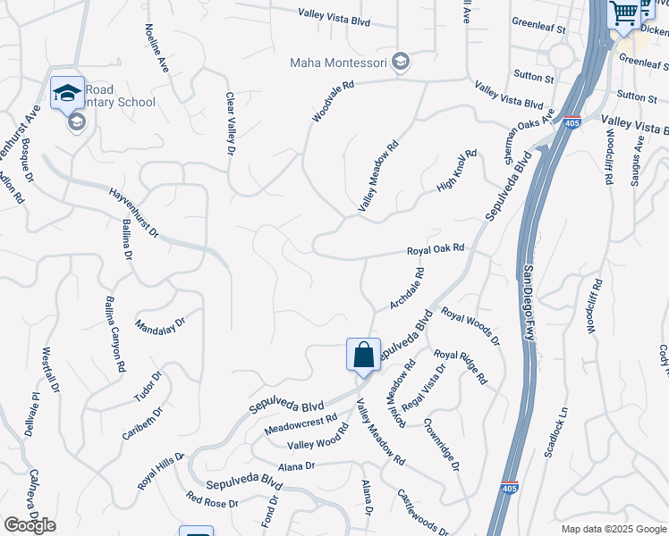 map of restaurants, bars, coffee shops, grocery stores, and more near 15950 Royal Oak Road in Los Angeles
