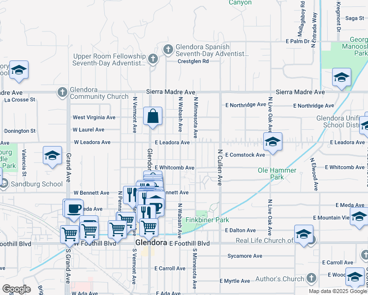 map of restaurants, bars, coffee shops, grocery stores, and more near 304 East Leadora Avenue in Glendora