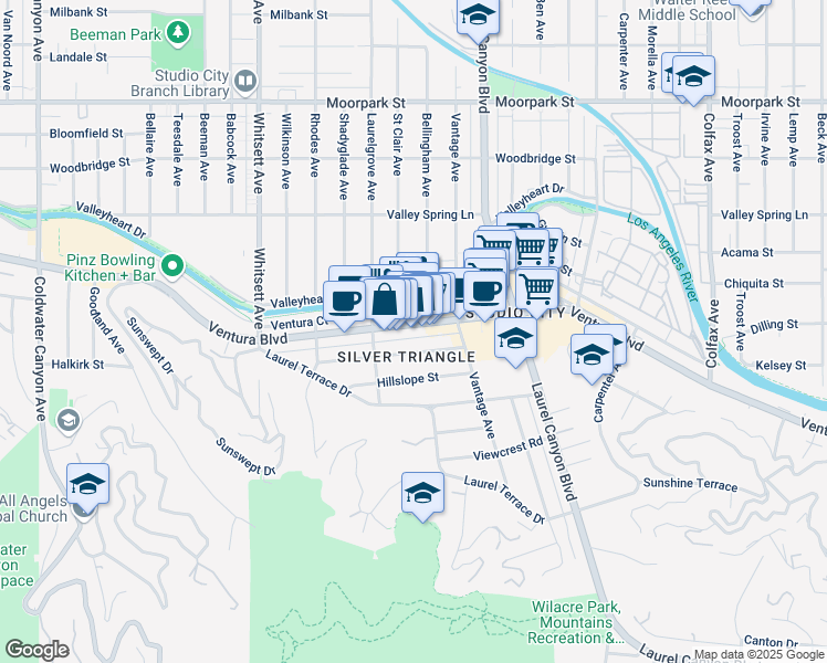 map of restaurants, bars, coffee shops, grocery stores, and more near 12224 Ventura Boulevard in Los Angeles