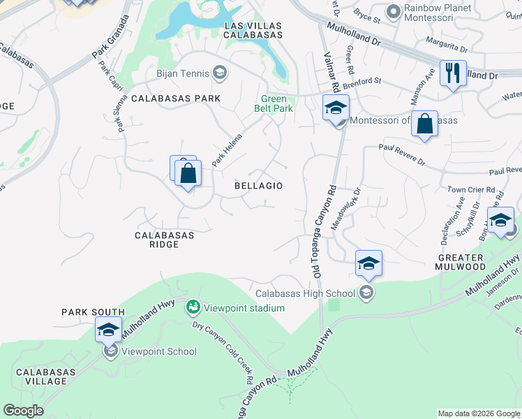 map of restaurants, bars, coffee shops, grocery stores, and more near 23224 Park Corniche in Calabasas