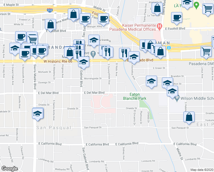 map of restaurants, bars, coffee shops, grocery stores, and more near 177 South Sunnyslope Avenue in Pasadena