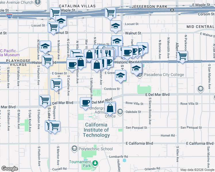 map of restaurants, bars, coffee shops, grocery stores, and more near 1299 Cordova Street in Pasadena