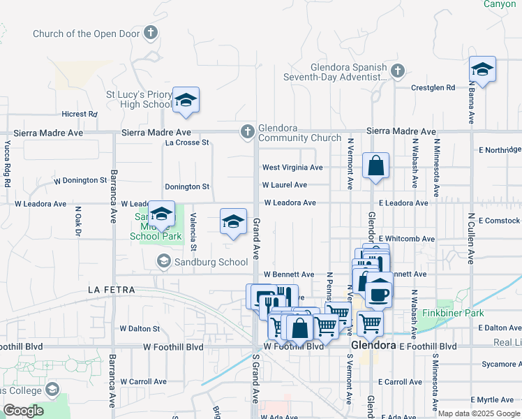 map of restaurants, bars, coffee shops, grocery stores, and more near 512 West Leadora Avenue in Glendora