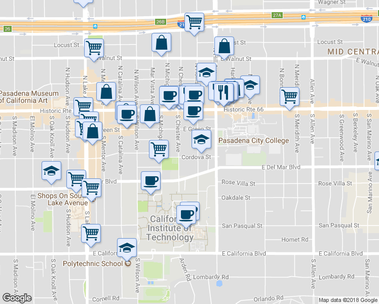 map of restaurants, bars, coffee shops, grocery stores, and more near 1299 Cordova Street in Pasadena