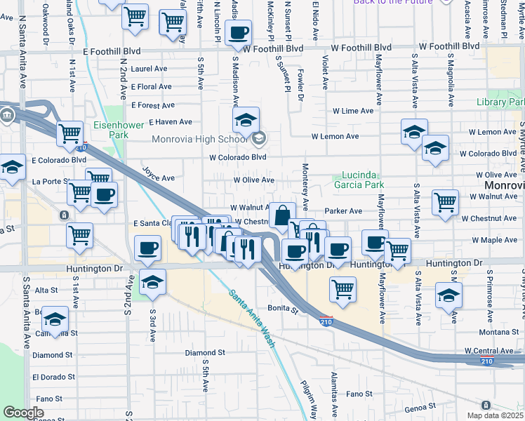 map of restaurants, bars, coffee shops, grocery stores, and more near 834 West Walnut Avenue in Monrovia