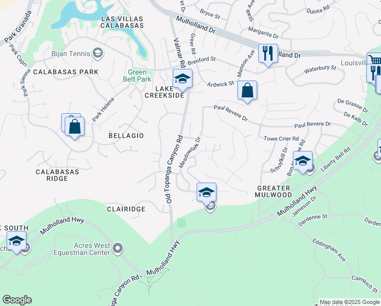 map of restaurants, bars, coffee shops, grocery stores, and more near 4126 Meadowlark Drive in Calabasas