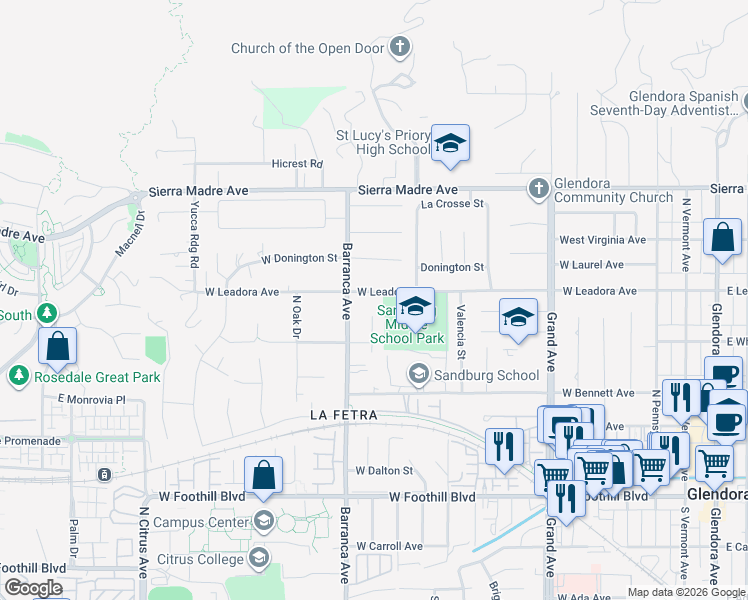 map of restaurants, bars, coffee shops, grocery stores, and more near 840 West Leadora Avenue in Glendora