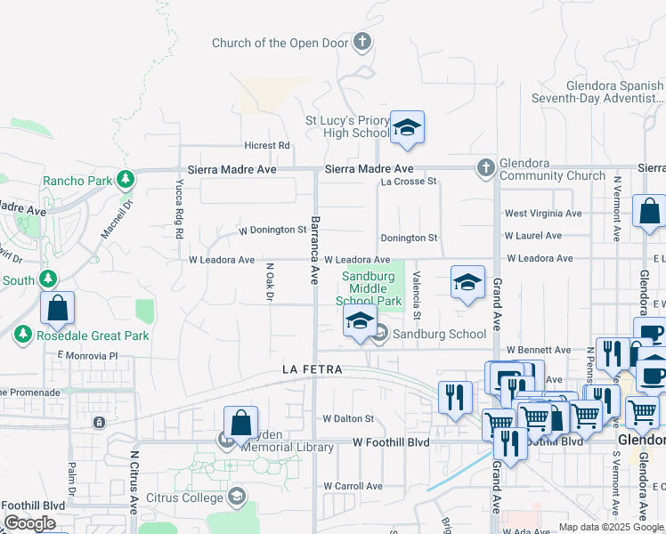 map of restaurants, bars, coffee shops, grocery stores, and more near 19022 West Leadora Avenue in Glendora