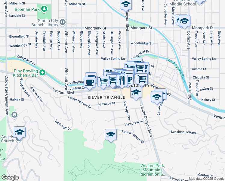 map of restaurants, bars, coffee shops, grocery stores, and more near 12182 Ventura Boulevard in Los Angeles