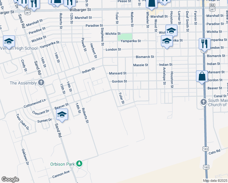 map of restaurants, bars, coffee shops, grocery stores, and more near 2801 Stephens Street in Vernon