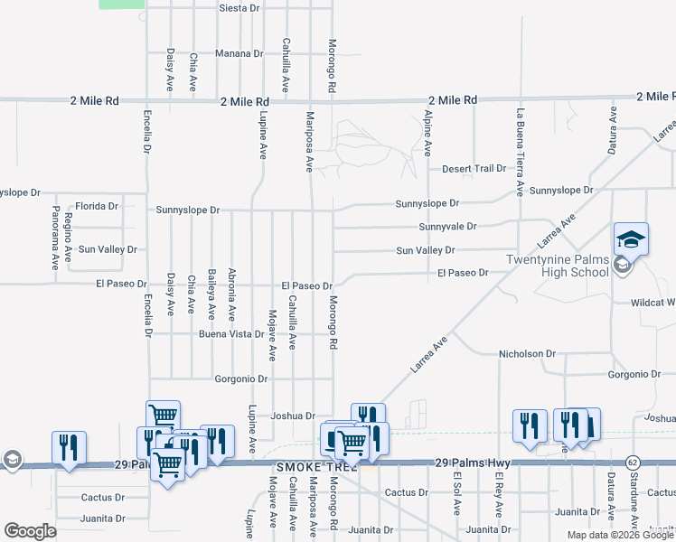 map of restaurants, bars, coffee shops, grocery stores, and more near 6051 Morongo Road in Twentynine Palms