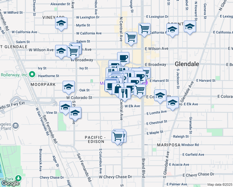 map of restaurants, bars, coffee shops, grocery stores, and more near 2195 Galleria Way in Glendale