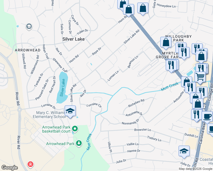 map of restaurants, bars, coffee shops, grocery stores, and more near 443 Motts Creek Road in Wilmington