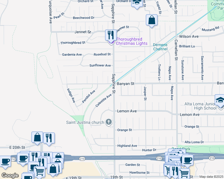 map of restaurants, bars, coffee shops, grocery stores, and more near 6132 Celestite Avenue in Rancho Cucamonga