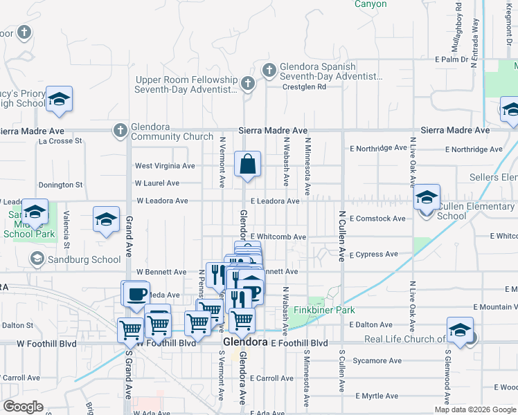 map of restaurants, bars, coffee shops, grocery stores, and more near 448 North Vista Bonita Avenue in Glendora