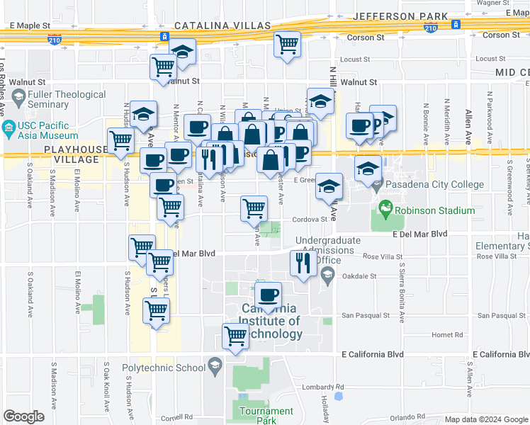map of restaurants, bars, coffee shops, grocery stores, and more near 232 South Michigan Avenue in Pasadena