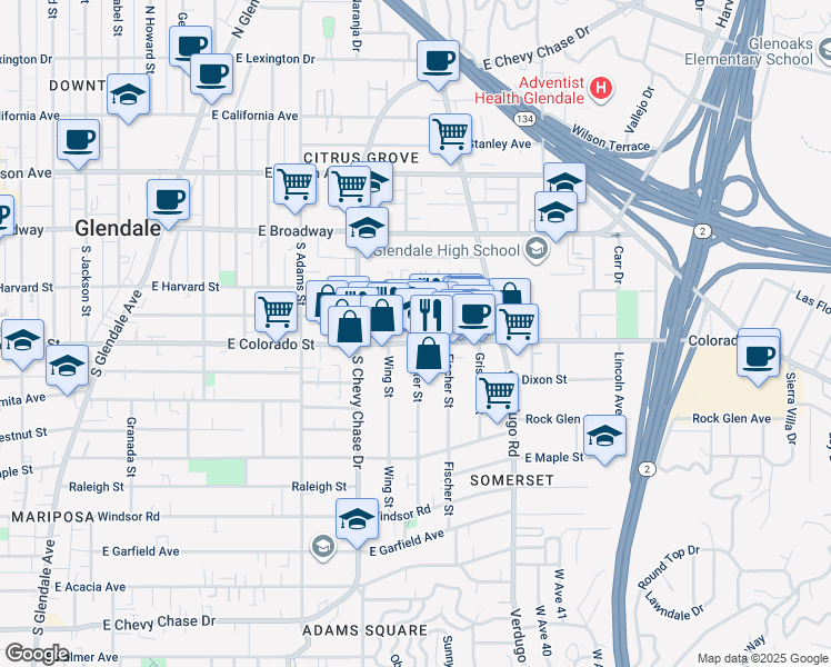 map of restaurants, bars, coffee shops, grocery stores, and more near in Glendale